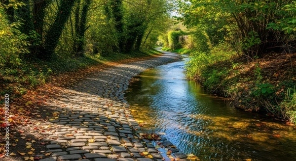 Fototapeta Cobblestone Path Beside Stream with Autumn Leaves and Lush Greenery