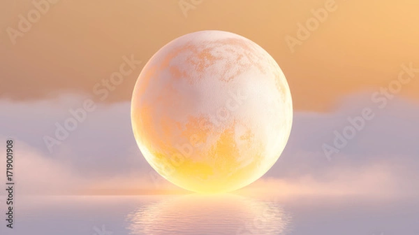 Fototapeta Surreal glowing sphere above calm water at sunrise, with misty horizon and golden light. Ideal for dreamscape, fantasy, or wellness-themed commercial use.