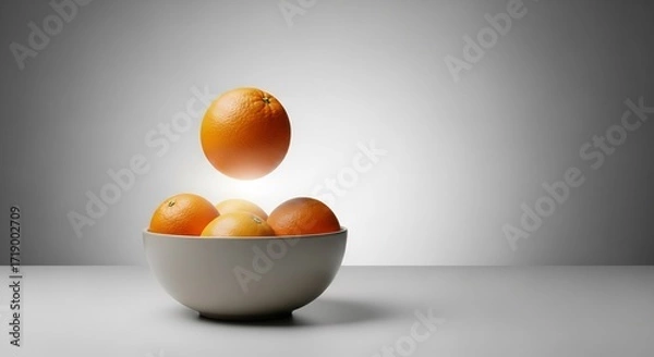 Fototapeta Levitating Orange Above Bowl of Citrus Fruits with Soft Gradient Background