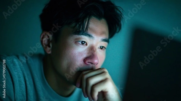 Fototapeta Young asian programmer concentrating on a challenging coding task late at night, illuminated by the glow of the computer screen, showcasing dedication and focus in software development
