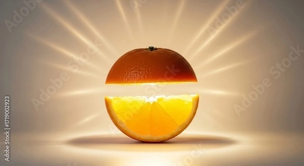 Obraz Levitating Orange Slice with Radiant Light Burst, Freshness Concept.