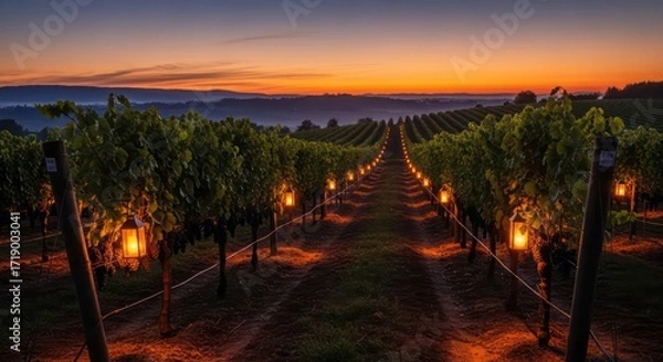 Fototapeta Vineyard Pathway Illuminated by Sunset and Lanterns