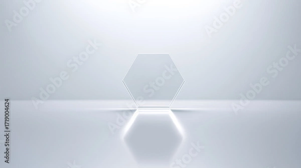 Fototapeta Transparent glass hexagonal prism on a reflective surface with soft lighting and a gradient background. Ideal for design, branding, and product mockups with a modern, minimal aesthetic.