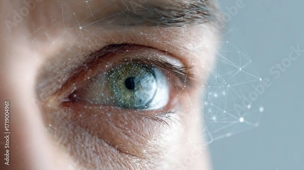 Fototapeta Close up of a human eye showcasing a futuristic vision enhanced by a complex artificial intelligence network, symbolizing technological advancement in human perception