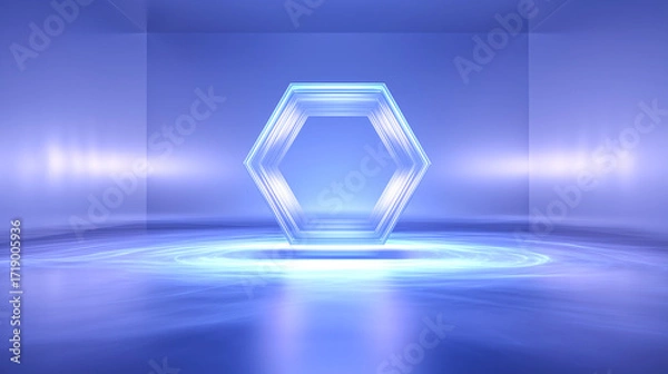 Fototapeta Futuristic digital environment with glowing hexagon, neon blue and purple tones, virtual platform, and immersive tech design. Ideal for VR, AI, and digital interface concepts.