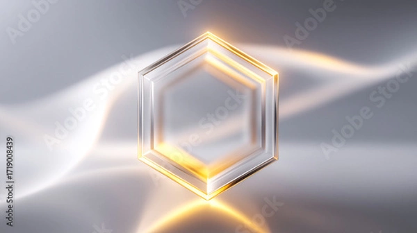 Fototapeta Floating transparent hexagon with beveled edges, glowing under soft golden light on a futuristic gradient background. Ideal for tech, design, and abstract concept visuals.