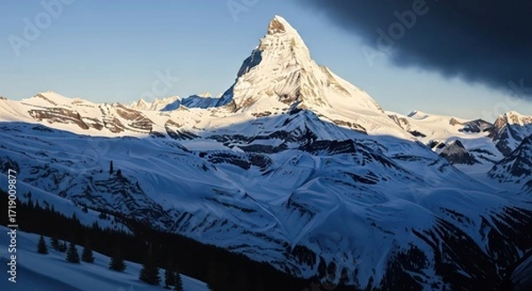 Fototapeta Matterhorn's majestic peak, snow-covered slopes, and dramatic cloudscape in the Swiss Alps