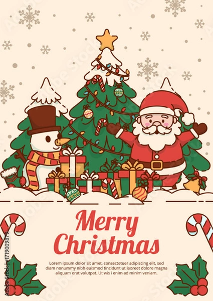 Fototapeta Joyful Christmas Scene with Santa Claus, Reindeer, and Gift Boxes under a Snowy Pine Tree. Vector Illustration