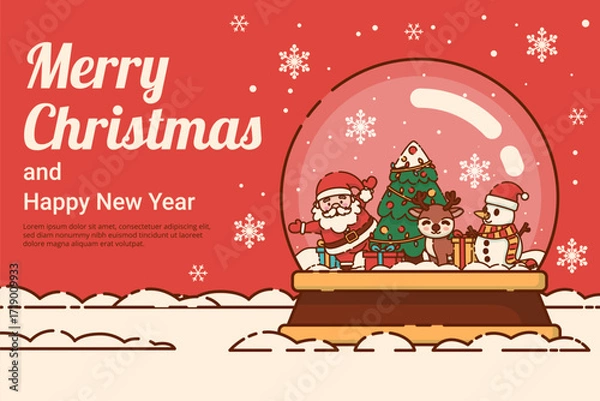 Fototapeta Merry Christmas and Happy New Year Snow Globe with Santa Claus and Reindeer. Vector Illustration
