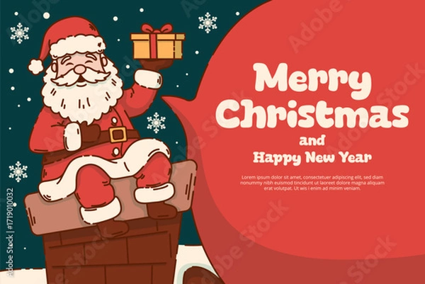 Fototapeta Cute Merry Christmas and Happy New Year Card Featuring Santa Claus Holding a Present. Vector Illustration