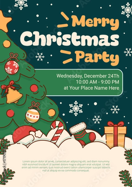 Fototapeta Merry Christmas Party Poster with Christmas tree decorated by Christmas Ornaments. Vector Illustration