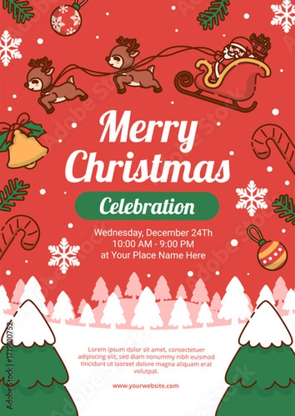 Fototapeta Merry Christmas Celebration Poster With Santa Claus with Sleigh Pulled by Reindeer Flying Over a Snowy Scene . Vector Illustration