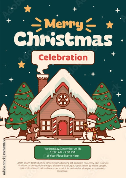 Fototapeta Merry Christmas Celebration Poster with Gingerbread House, Reindeer, and Snowman in Snowy Scene. Vector Illustration
