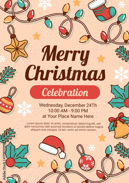 Fototapeta Christmas Celebration Poster With String Lights And Christmas Ornaments. Vector Illustration