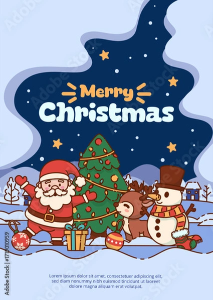 Fototapeta Merry Christmas Poster With Joyful Santa Claus, Reindeer, and Snowman in a Snowy Scene. Vector Illustration