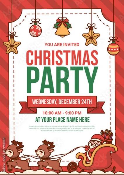 Fototapeta Merry Christmas Poster with Santa Claus Carrying a Sack of Gifts with Sleigh. Vector Illustration 