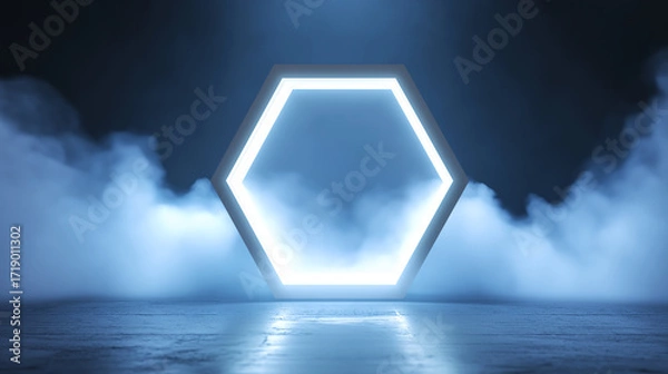 Fototapeta Glowing hexagon frame in a misty dark space, dramatic lighting, and reflections. Ideal for tech, sci-fi, or futuristic design and commercial backgrounds.