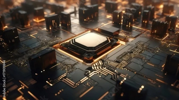 Fototapeta 照らされた黒い回路基板のクローズアップ