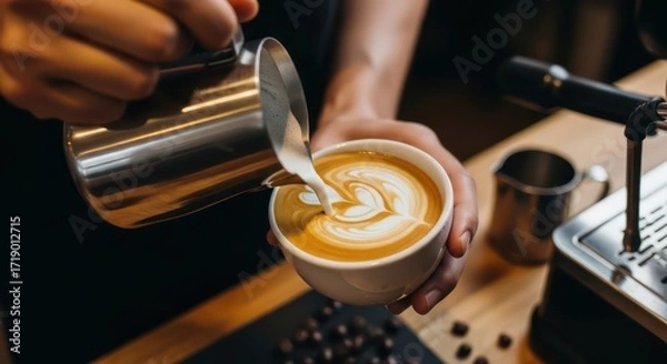 Fototapeta Latte Art Creation: Milk Pouring into Espresso Forming Delicate Floral Design
