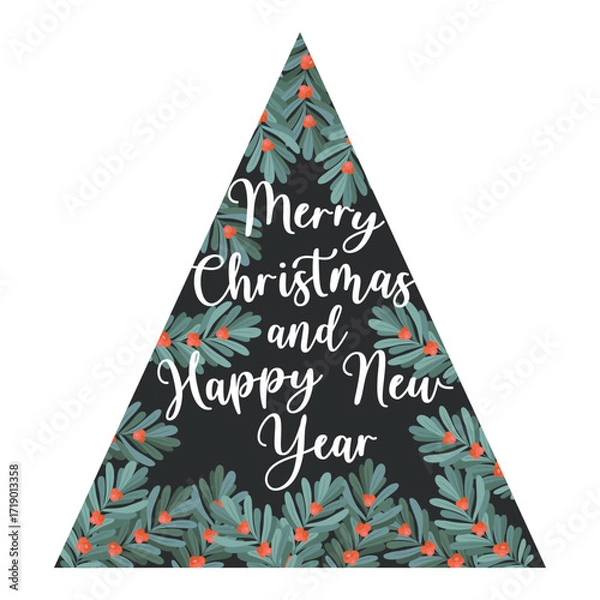 Fototapeta Merry Christmas vector card with Christmas tree from hand drawn mistletoe branches and lettering isolated on white background. Holiday frame design template for greeting card, invitation