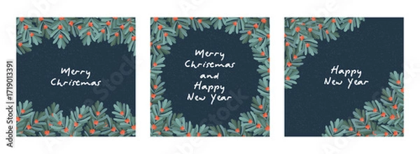 Fototapeta Merry Christmas vector cards set with hand drawn mistletoe branches and berries isolated on dark blue background. Holiday wreath and frame design templates for greeting card, invitation