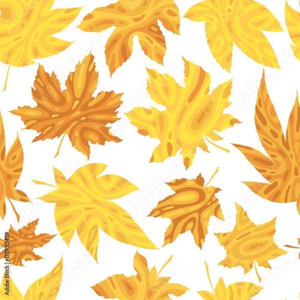Fototapeta Seamless pattern of colorful abstract autumn maple leaves. Creative art fall leaf for banner, poster, fabric, card. Foliage vector nature ornament illustration isolated on white background