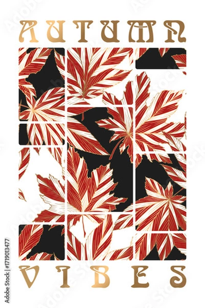 Fototapeta Vector illustration of gold, black, red abstract maple leaves isolated on white background. Modern art autumn design template for poster print, wall decor, banner, card. Elegant luxury style