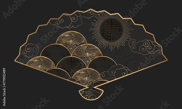 Fototapeta Vector illustration with gold fan shape, waves, clouds and symbols isolated on black background. Asian traditional motifs design for print, card, wallpaper, poster, banner