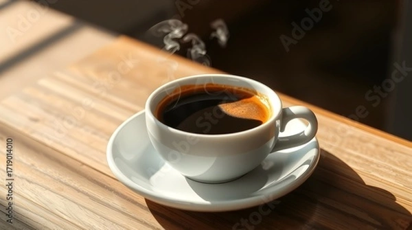 Fototapeta Elegant Ceramic Espresso Cup on Wooden Surface with Copy Space for Branding Design