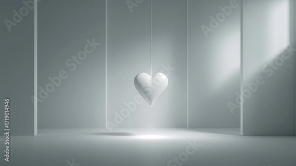 Fototapeta Minimalist monochrome room with suspended white heart, dramatic lighting, and soft shadows. Ideal for themes of love, emotion, solitude, and modern design in commercial use.