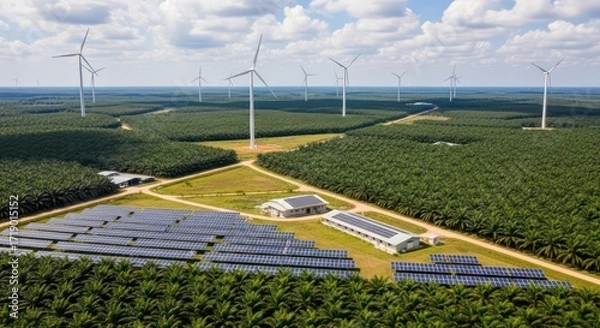 Fototapeta Aerial View of Renewable Energy Farm with Wind Turbines and Solar Panels