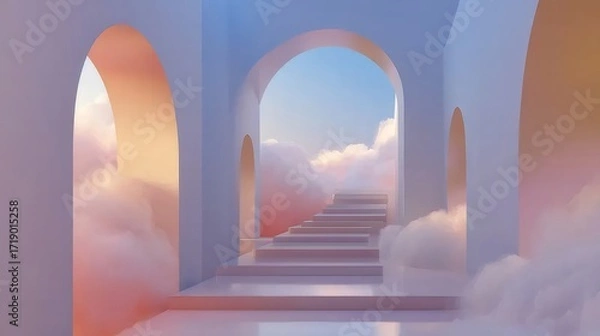 Fototapeta アーチ状通路から見える雲と空に続く階段