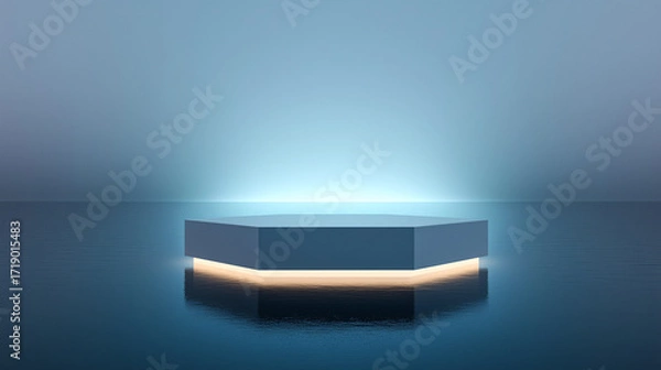 Fototapeta Minimalist hexagonal platform glowing over calm water, with soft reflections and a gradient sky. Ideal for branding, product display, or futuristic design concepts.