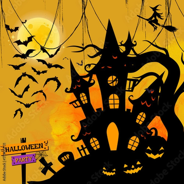 Obraz Spooky Halloween scene with a haunted house, glowing pumpkins, flying bats, full moon, witch on a broomstick, and graveyard party sign.