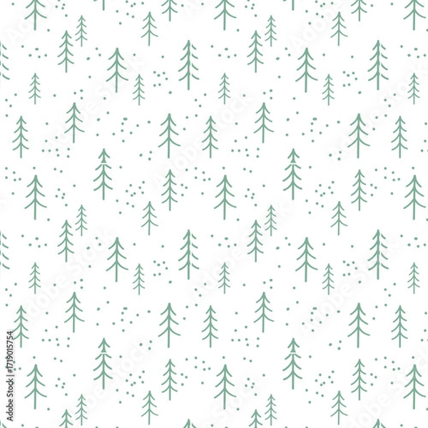 Obraz Minimal seamless pattern with green pine trees and scattered dots on a white background, evoking a calm winter forest feel.