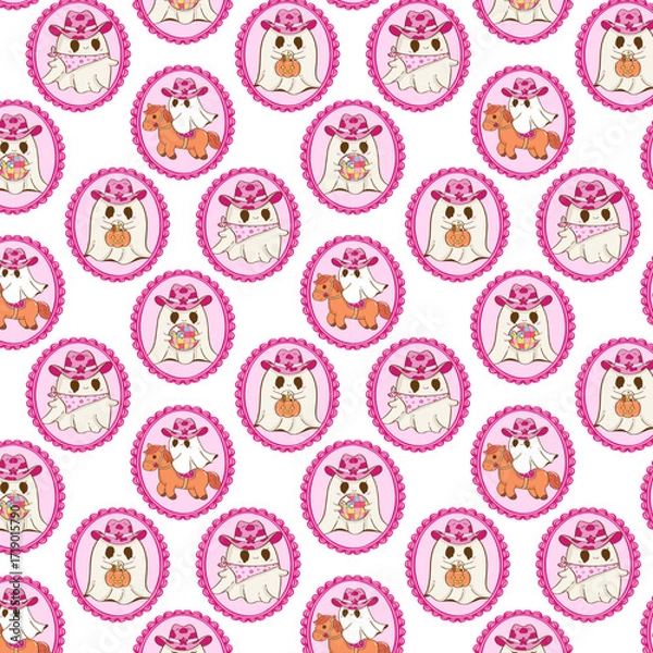 Obraz Cute seamless pattern of pink cowgirl ghosts with pumpkins, candy, and horses inside scalloped frames on a white background.