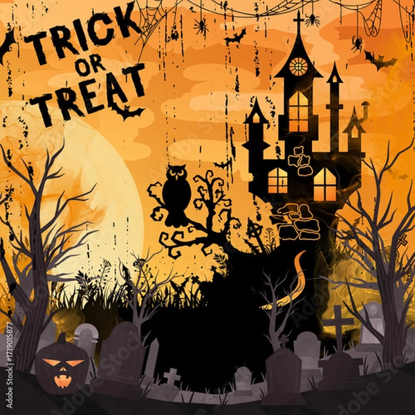 Obraz Haunted house with glowing windows, jack-o’-lantern, bats, owl, spider webs, and gravestones under a full moon, perfect for spooky Halloween night.