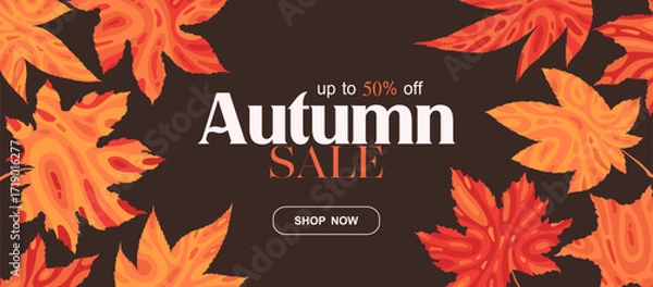 Fototapeta Autumn sale vector banner template with abstract colorful maple leaves isolated on brown background. Fall leaf vector illustration. Seasonal design for advertising flyer website poster card