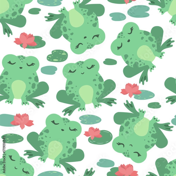 Fototapeta Seamless vector pattern with cute green frogs, water flowers, leaves isolated on white background. Adorable animal design illustration for card fabric print wallpaper nursery decoration