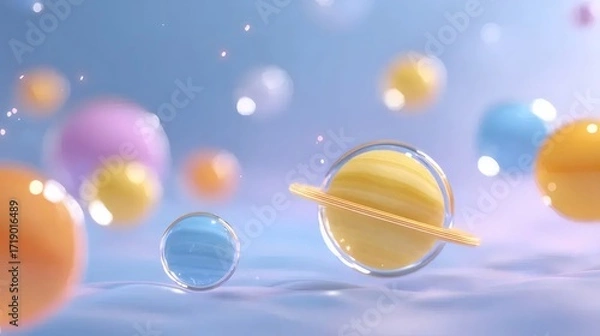 Fototapeta パステルカラーの球体と惑星の３Dレンダリング