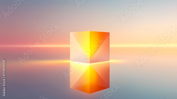 Fototapeta Glowing geometric cube on a reflective surface with surreal sunset sky. Minimalist design, vibrant light effects, ideal for tech branding, digital art, or futuristic advertising.