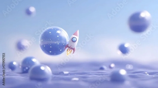 Fototapeta 青空背景に青い球体と赤いロケットの3Dレンダリング