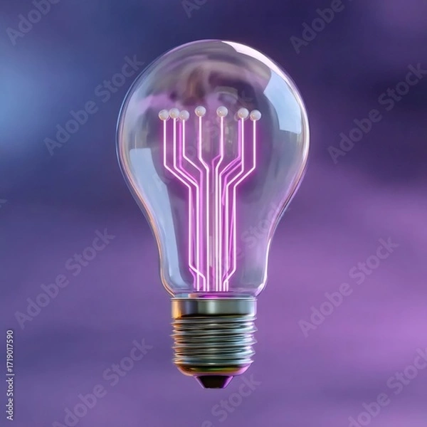 Fototapeta 紫色の光る回路を備えたクリアな電球のクローズアップ