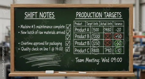 Fototapeta Factory chalkboard displaying shift notes and production targets with positive and negative variances