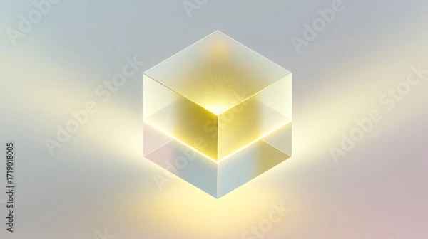 Fototapeta Translucent glass cube with glowing yellow core on reflective surface, pastel background. Ideal for tech, energy, or futuristic design concepts.