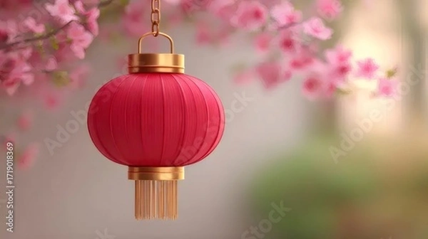 Fototapeta 赤い提灯とぼかし桜の花のクローズアップ