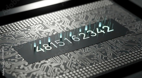 Fototapeta Glowing Numbers on Circuit Board: Futuristic Technology and Data Transmission Concept