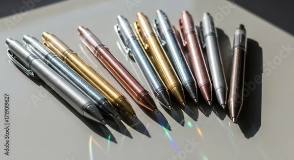 Fototapeta Metallic Pens Arrayed on a Reflective Surface with Rainbow Light Refraction