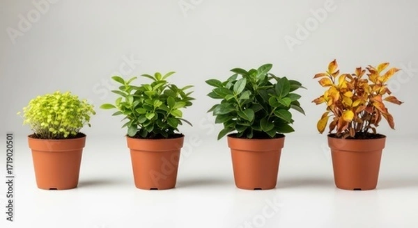 Fototapeta Four Potted Plants Showing Growth Stages from Seedling to Autumnal Decline