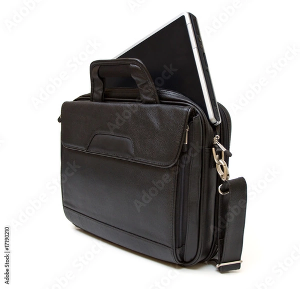 Fototapeta Black leather computer bag with laptop
